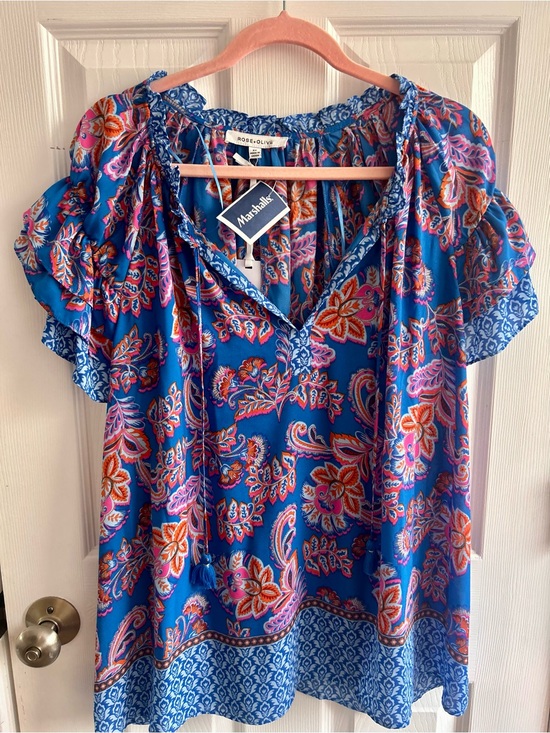 Rose & Olive Tops - Rose & Olive Royal Blue Paisley Tie-Front Blouse